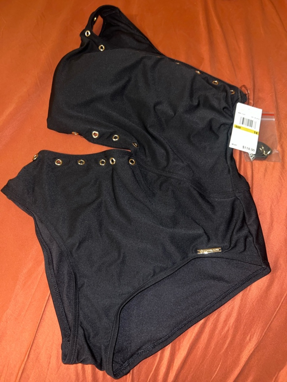 Michael Kors Black One-Shoulder Swimsuit with Gold Eyelet Details